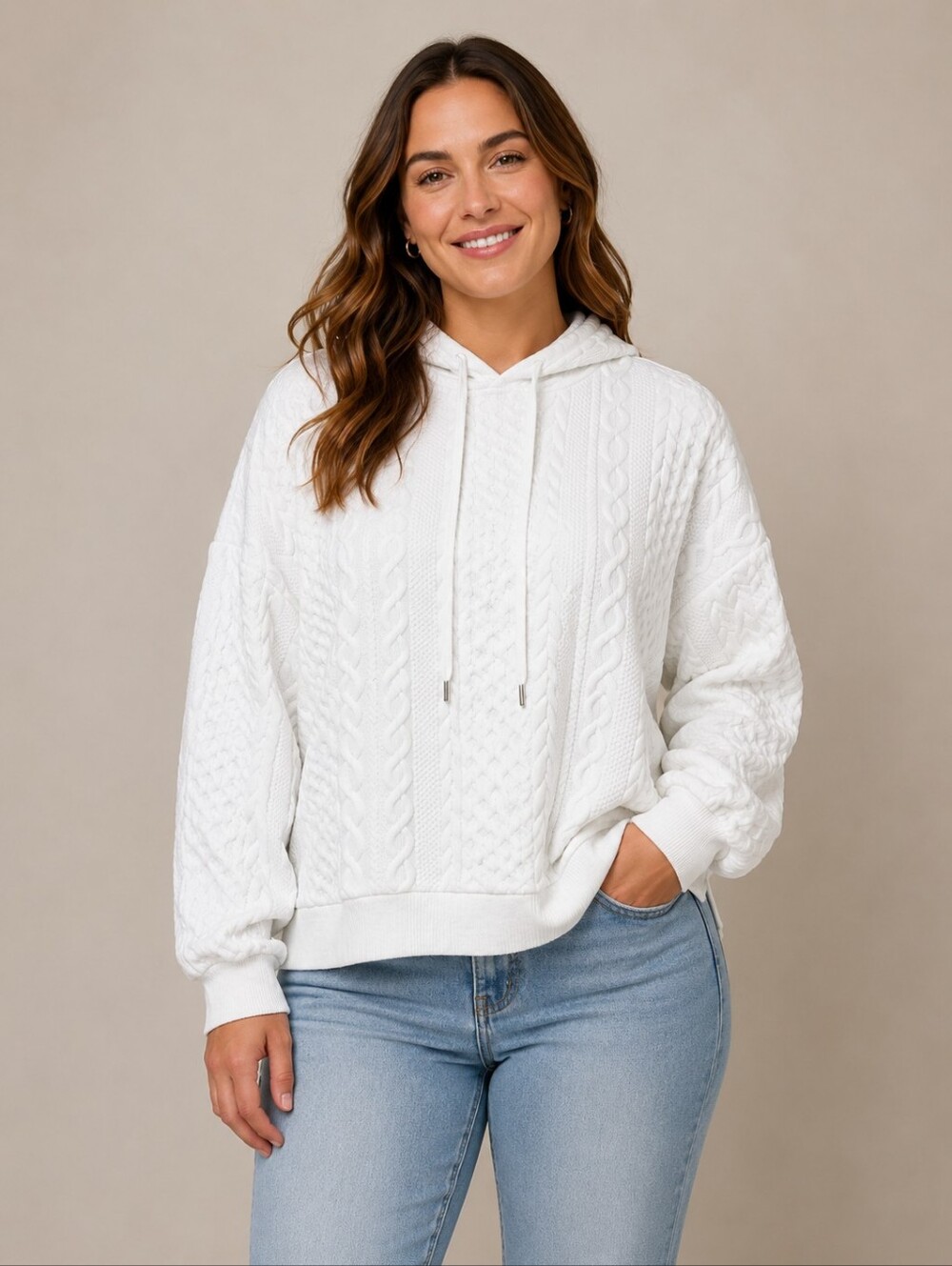 White Quilted Pullover Long Sleeved Drawstring Hoodie - NWOT